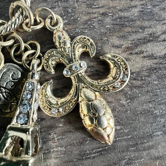 Gold Paris Europe Rhinestone Eiffel Tower Fleur de Lis Heart Charm Necklace - Picture 5 of 6